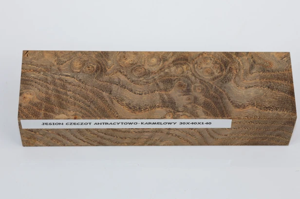 Jesion czeczot Burl Ash antracytowo-karmelowe stabilizowane drewno na rękojeść noża anthracite-caramel stabilized wood for knife