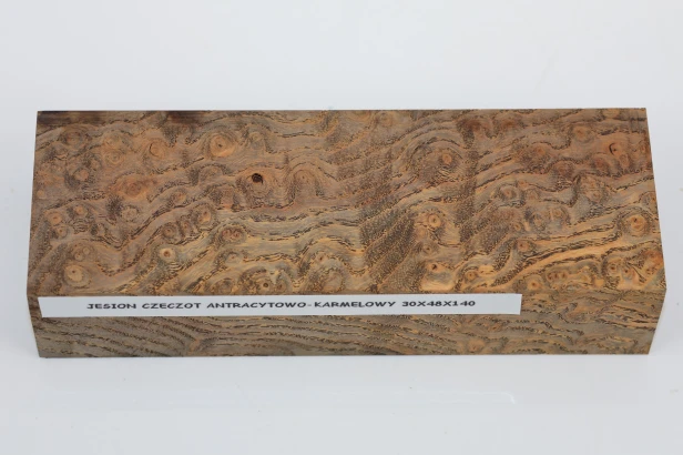 Jesion czeczot Burl Ash antracytowo-karmelowe stabilizowane drewno na rękojeść noża anthracite-caramel stabilized wood for knife